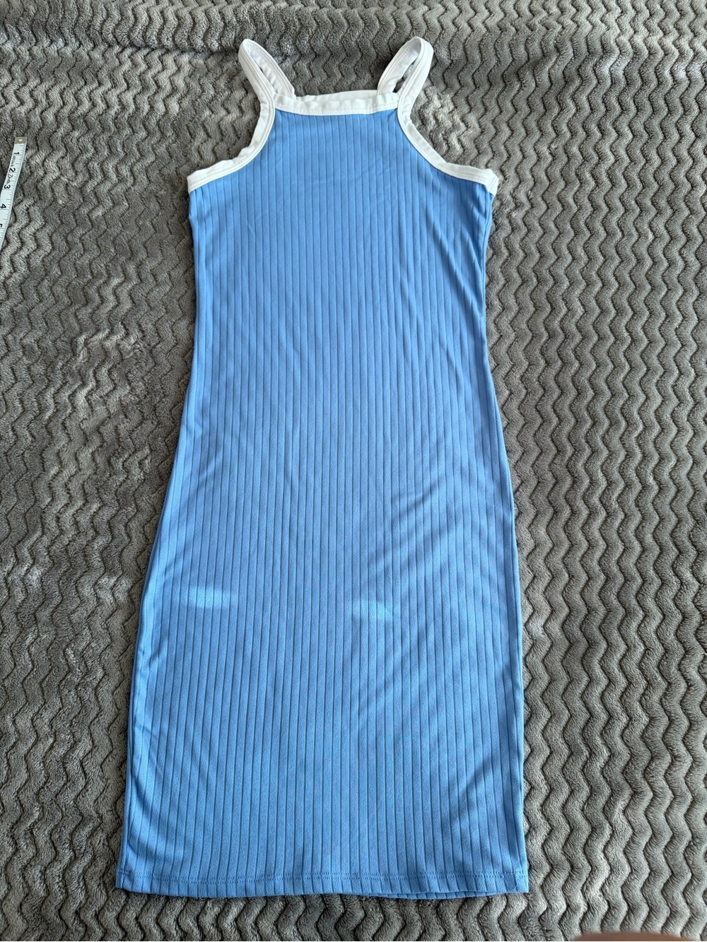 Light Blue Ribbed Tank Dress with white Trim